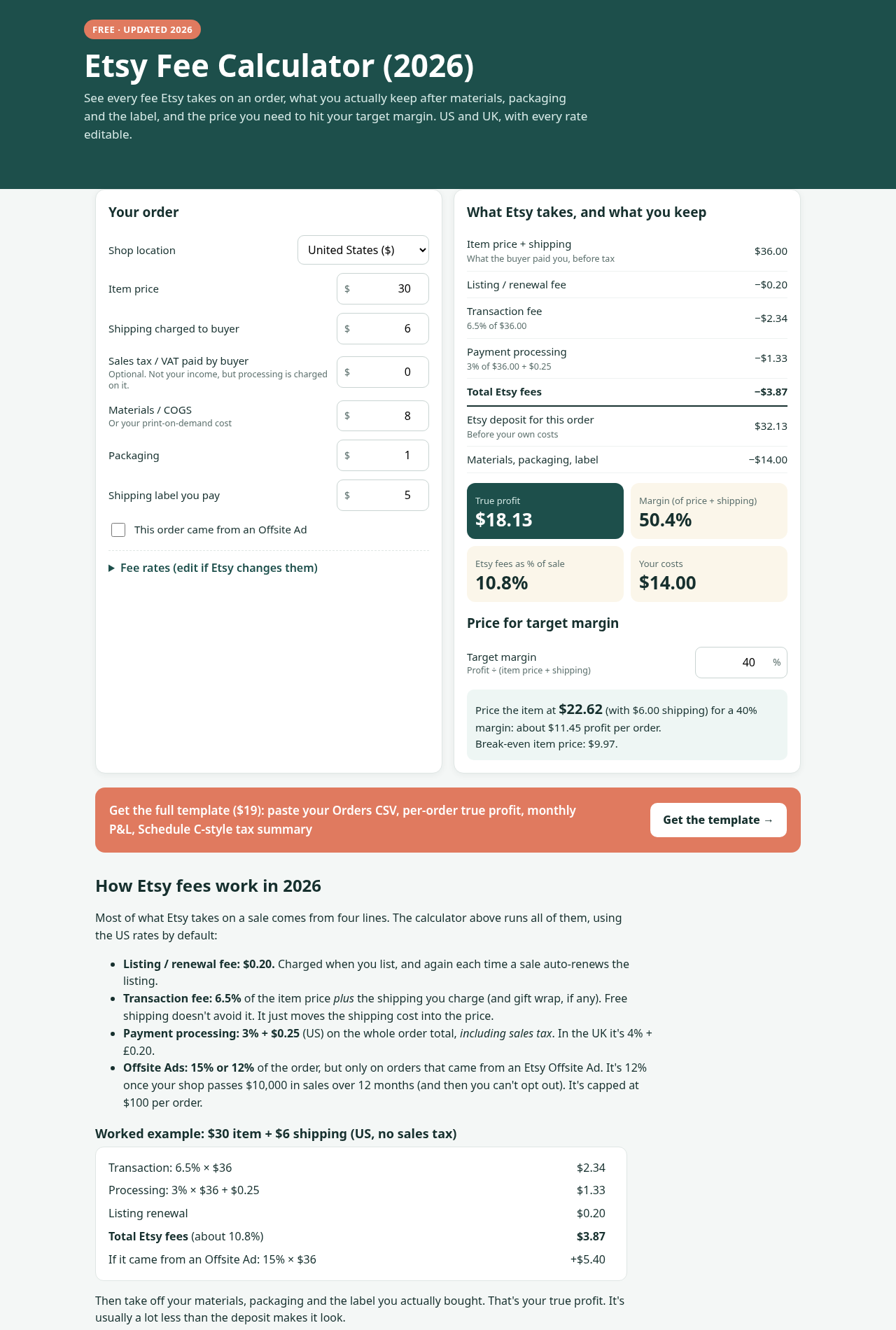 Etsy Fee Calculator (2026): True Profit After Every Fee preview
