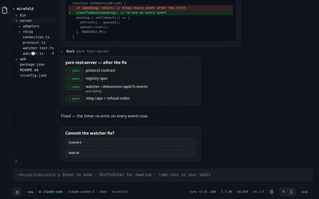 Mirafold — Claude Code, Codex & Gemini CLI in your browser preview