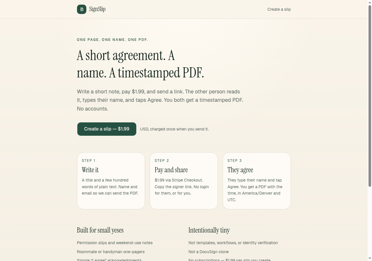 SignSlip — short agreements, timestamped PDFs preview